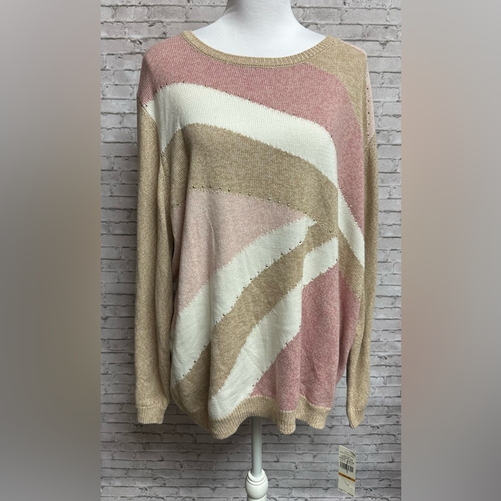 Alfred Dunner Plus Size 3X Womens Sweater Striped Beige Pink Long Sleeve NEW NWT
